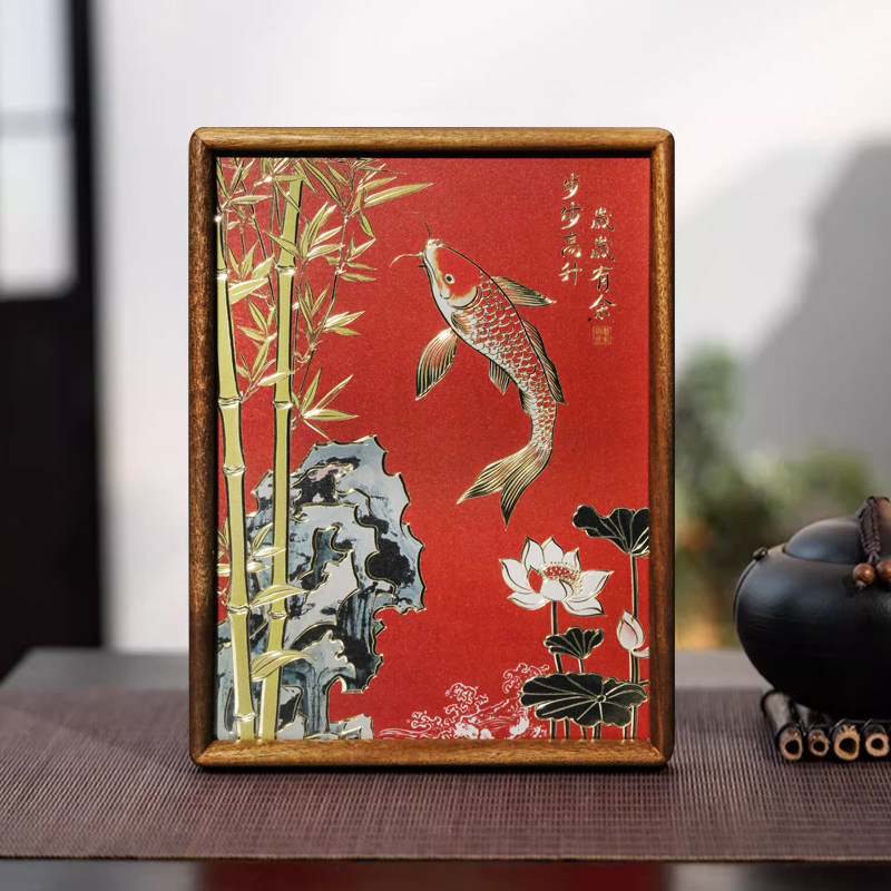 铜艺世家步步高升岁岁有余铜雕画桌面摆件竹子荷花锦鲤鱼装饰摆台