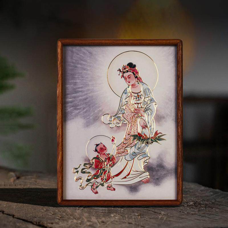 铜艺世家鱼篮观音铜雕画桌面摆件手工錾刻观世音菩萨装饰画像摆台