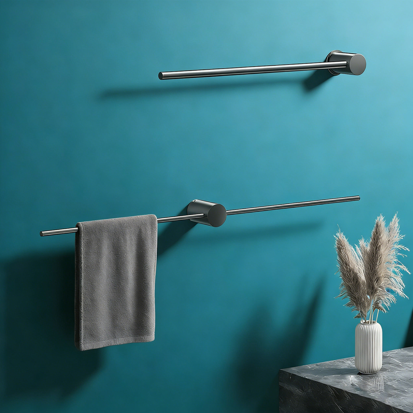 潜水艇卫生间毛巾架免打孔全铜极简浴室单双杆毛巾挂杆浴巾置物架