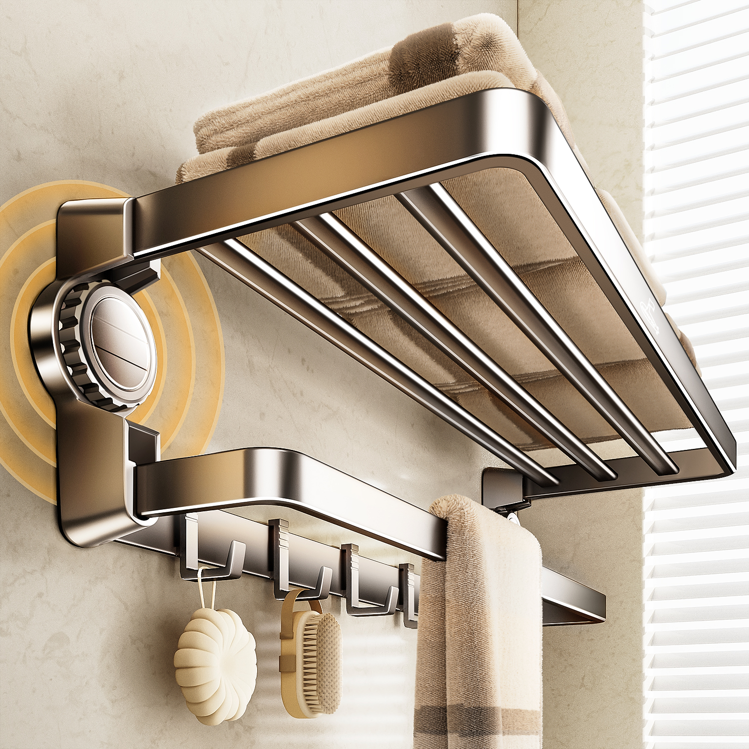 潜水艇吸盘毛巾架免打孔卫生间置物架高端浴室枪灰浴巾架厕所套装