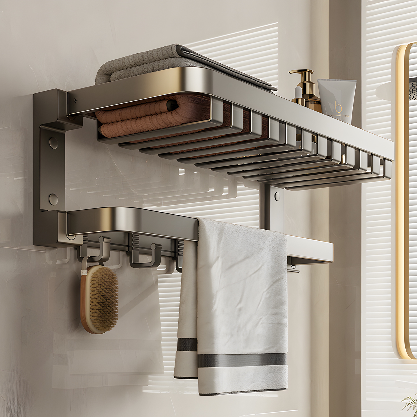 潜水艇毛巾架免打孔卫生间厕所置物架浴室高端折叠浴巾架挂杆套装