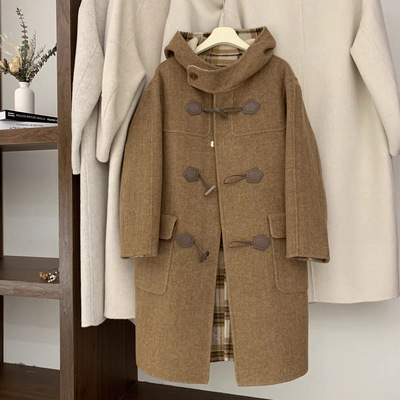 格子双面羊绒大衣女中长款2025新款牛角扣连帽毛呢外套通勤风