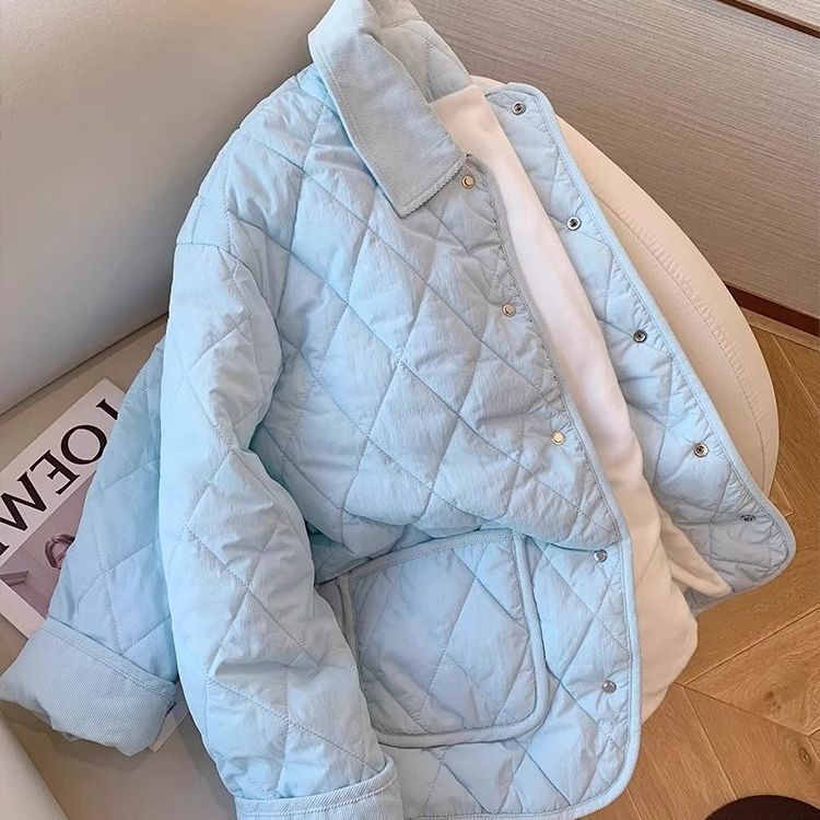 韩版慵懒风蓝色菱格翻领棉服外套男女秋冬高级感轻薄保暖宽松