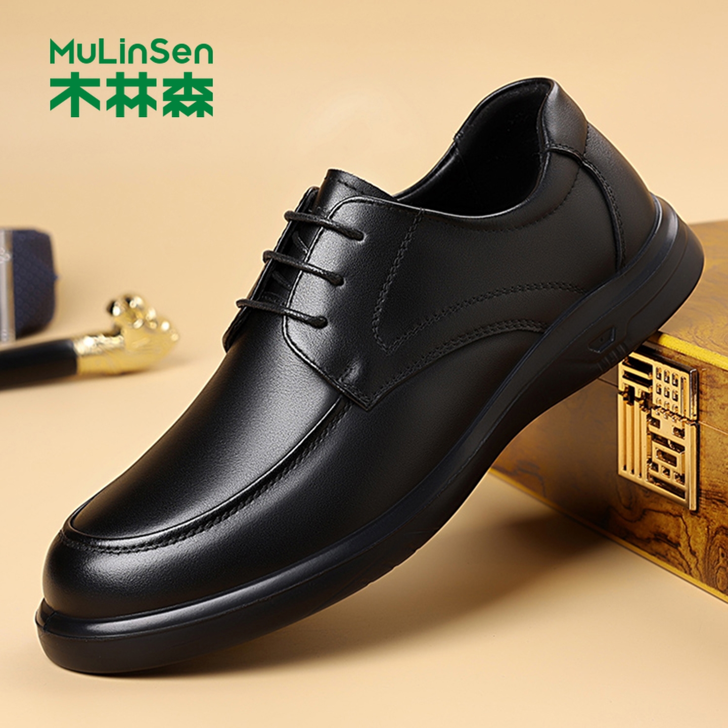 木林森男鞋真皮商务正装皮鞋系带软底防滑舒适通勤鞋头层牛皮鞋子