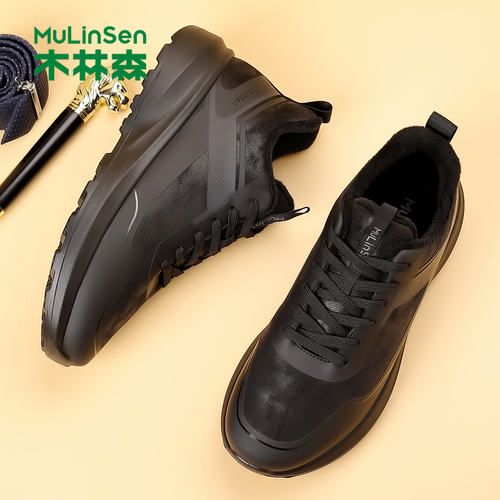 木林森2025新款黑色休闲皮鞋