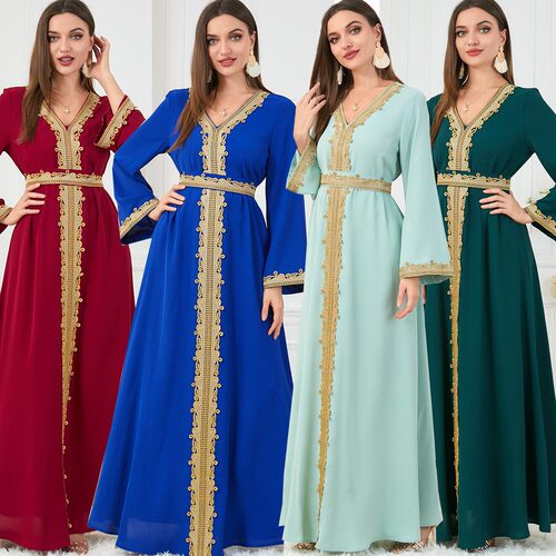 长袍女纯色秀花边拼接基本款宽松刺绣长袖连衣裙Dresses