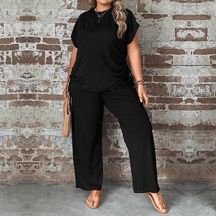 pants set women piece two blouse leg clothing size Plus