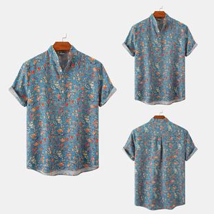 Men shirt short 男衬衫 stand 立领夏威夷印花 sleeve collar 短袖