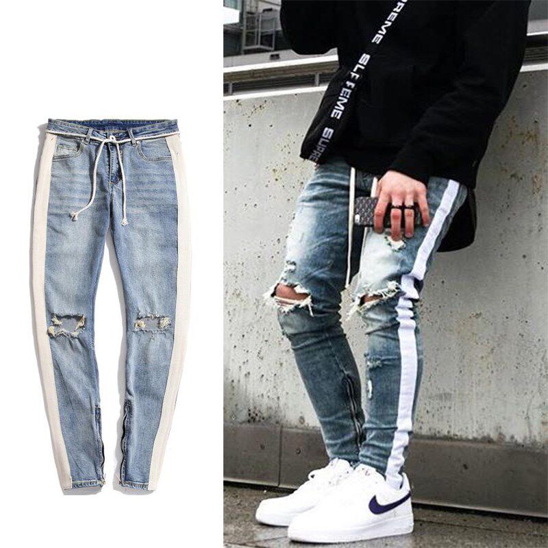 Side Stripe Ripped Brass Slim Leggings侧条纹破铜修身紧身男裤