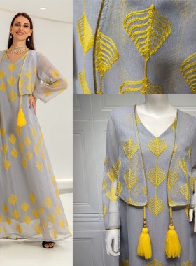 2022秋印尼摩洛哥拼接流苏假两件绣花网纱长袍连衣裙dresses