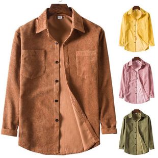 男春季灯芯绒衬衫翻领长袖纯色Corduroy Shirt Lapel Long Sleeve