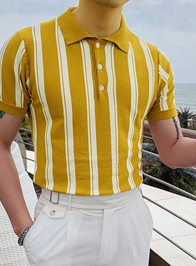 2022夏季修身条纹针织衫黄色薄T恤男士POLO衫 Short sleeve shirt