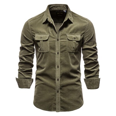 Corduroy men's fashion solid color slim casual shirt男装