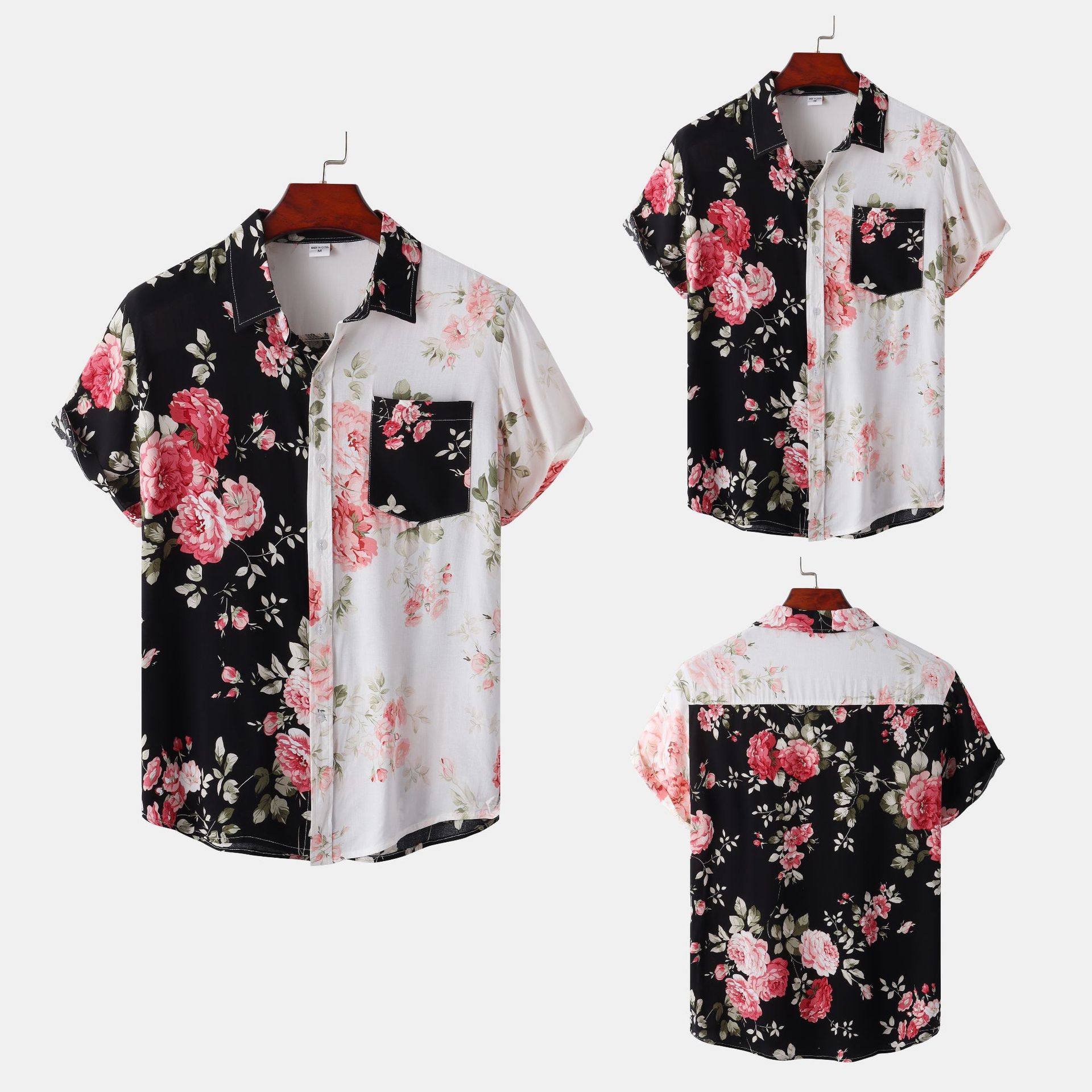 男士碎花拼接短袖衬衫 Men Floral Patchwork Short Sleeve Shirt