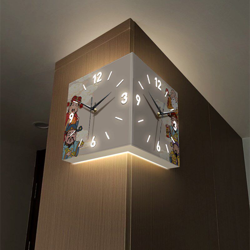 财神爷客厅装饰画过年寓意好转角双面挂钟壁画灯拐角时钟挂墙壁钟