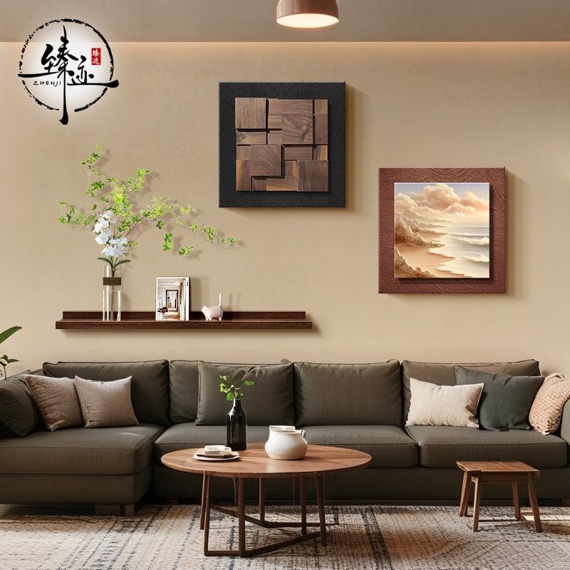 立体实木餐厅装饰画侘寂风客厅沙发背景墙挂画水培绿植背景墙壁画