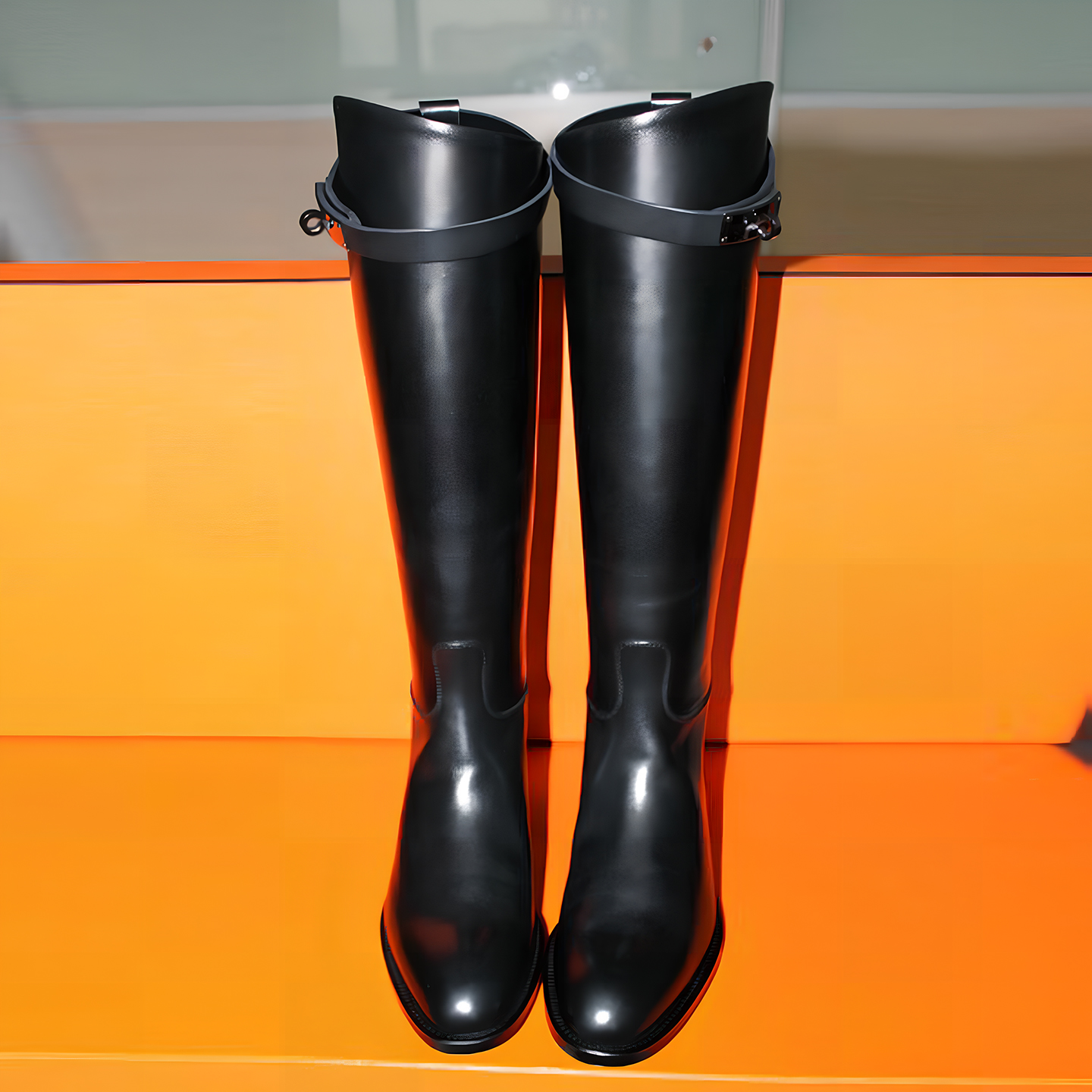 真皮不过膝直筒平底靴