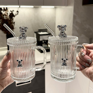 轻奢小熊玻璃杯马克杯竖纹创意水杯加厚把手杯子ins高颜值带吸管