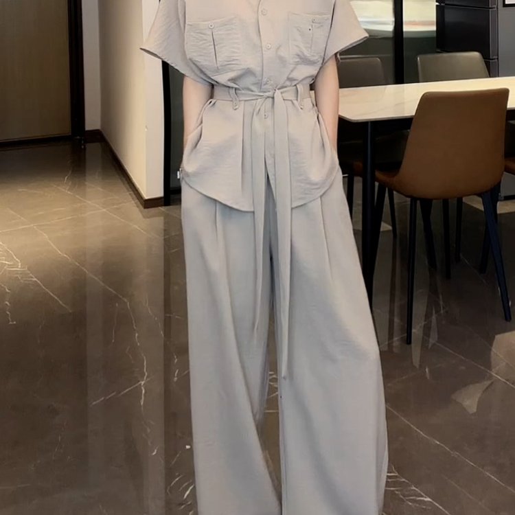 气质绑带收腰显瘦衬衫长裤套装女2025夏季新款轻熟风短袖上衣裤子