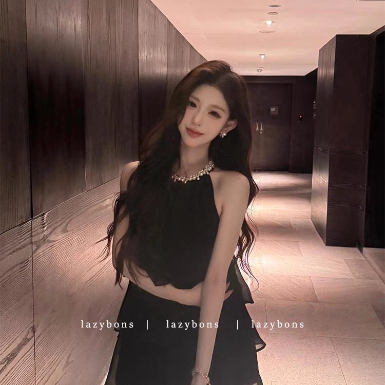 珍珠挂脖连衣裙女夏高级感轻奢名媛生日小礼裙富家千金气质小黑裙