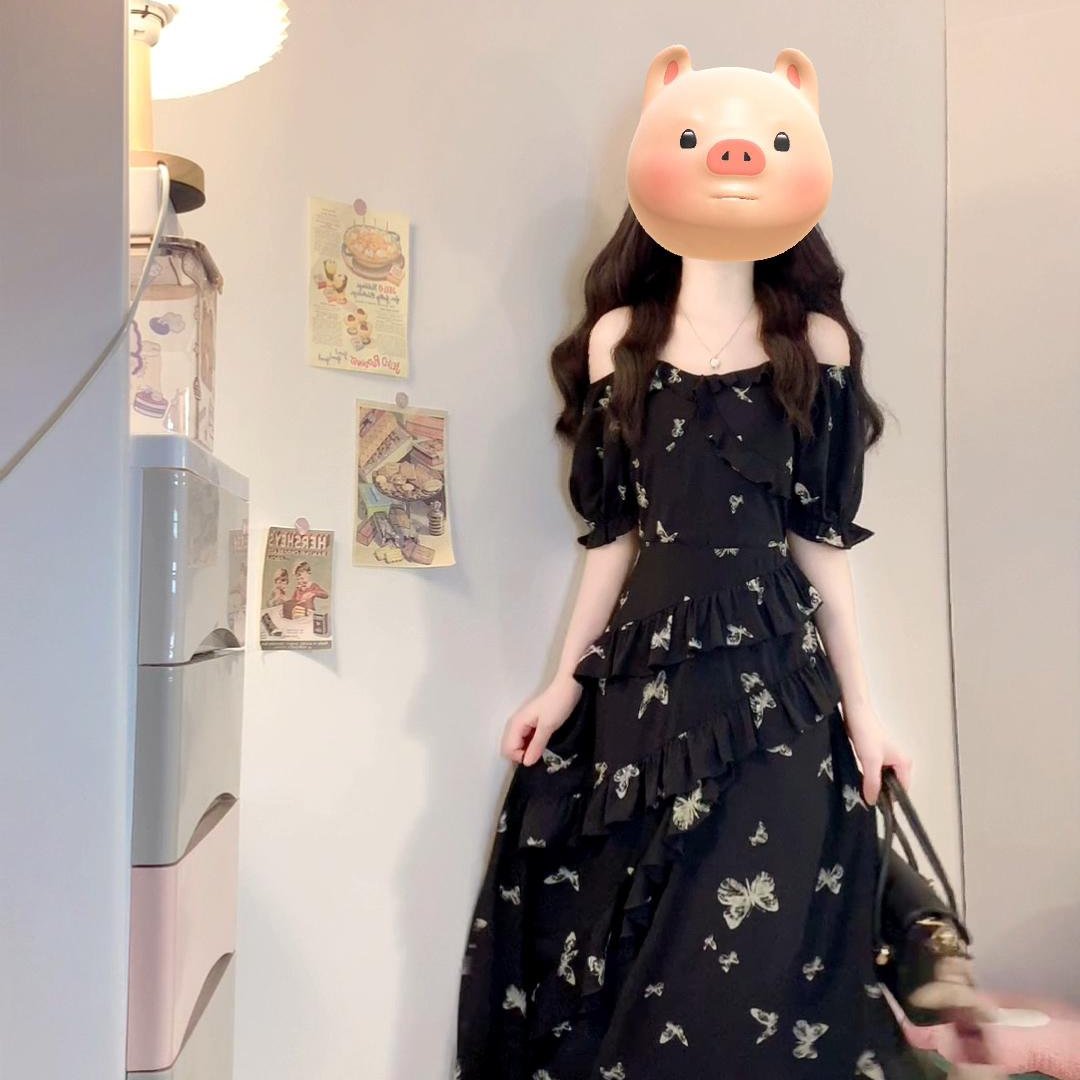实拍~大码女装夏季不规则印花蝴蝶结碎花掐腰显瘦长裙连衣裙