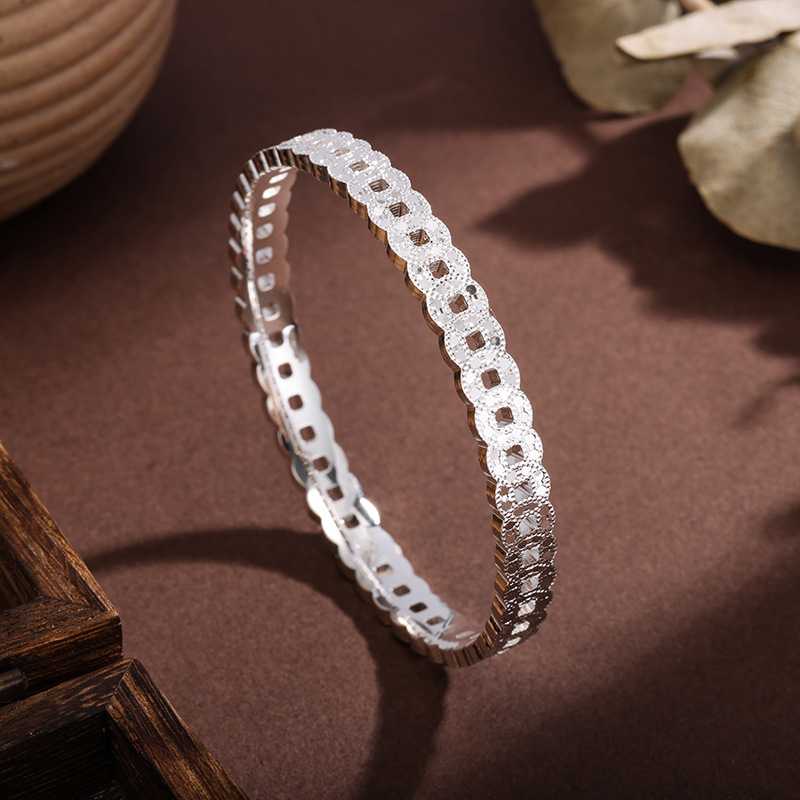 日本品质白铜镀银手镯碎冰冰钱币银手镯女闭口五帝钱银镯子新中式