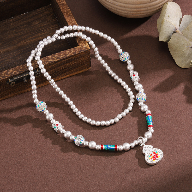 日本品质白铜镀银手链手链项链两用精美花丝珐琅彩福禄相伴古法国