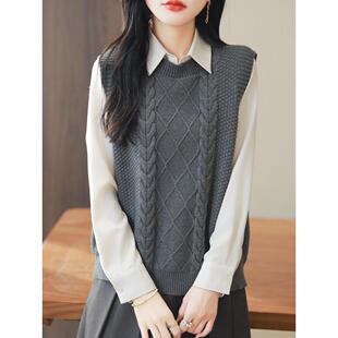 MONLOUVE纯线圆领麻花针织马甲女无袖毛衣坎肩背心叠穿保暖内搭上