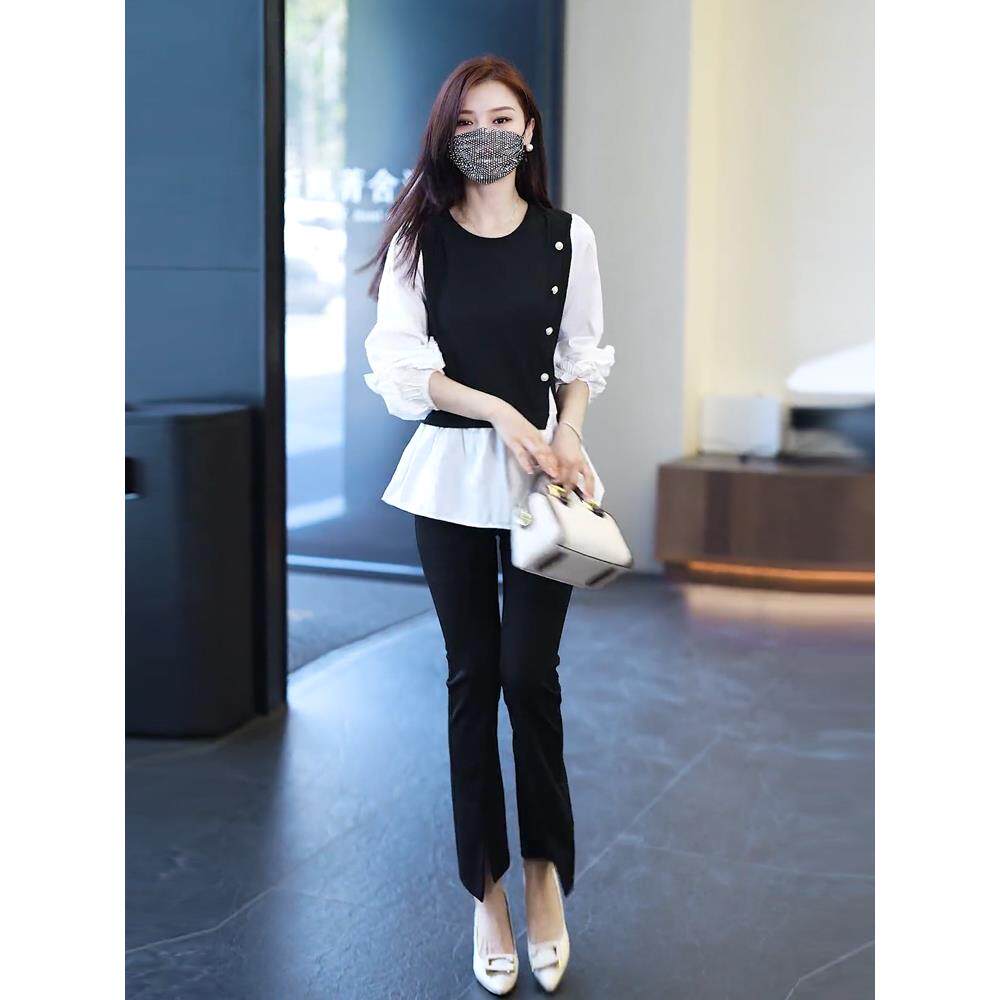 MONLOUVE爆款衬衣女时尚遮肚子假两件上衣秋装短款衬衫高级感洋气