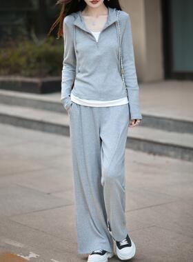 MONLOUVE2025新款两件套套装女撞色磨毛连帽运动套装宽松休闲百搭