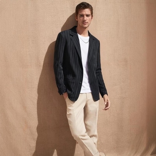 jackets 百搭休闲外套Men 2025秋季 复古条纹宽松苎麻西服欧美男士