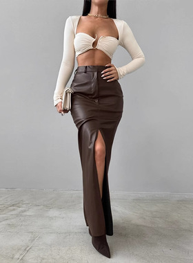 Casual slit solid color high waisted skirt休闲开叉高腰半身裙