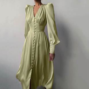 收腰显瘦欧美气质修身 缎面连衣裙女设计感灯笼袖 长裙 法式 dresses