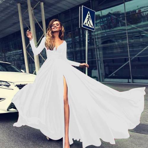 Women red party dress Lady Long-sleeved Evening Gown红色礼服