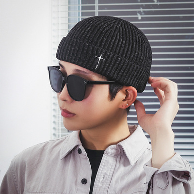 复古短款翻边毛线帽秋冬季保暖显脸小冷帽男款针织瓜皮帽地主帽子
