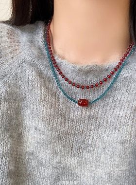 南国红豆~新中式复古红色串珠项链女高级感小众百搭毛衣链颈链
