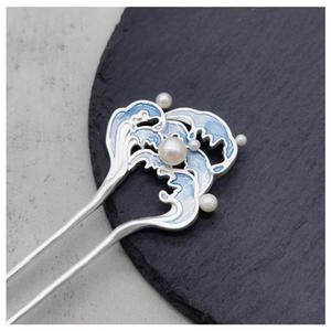 原创设计浪花法琅雾霾蓝高级感发钗簪子新中式古风气质汉服配饰女