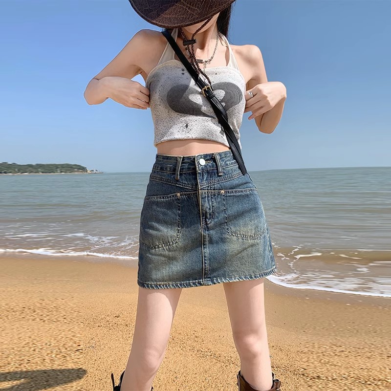 韩版辣妹复古高腰牛仔半身裙女夏季新款百搭宽松显瘦包臀a字裙裤