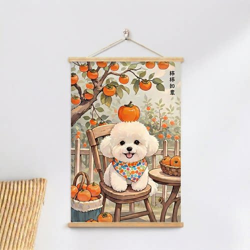 创意宠物挂画猫咪狗狗定制卧室客厅装饰画布礼物实木卷轴遮挡墙壁