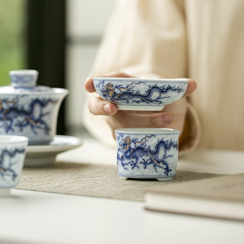仿古青花龙纹陶瓷茶漏茶滤全瓷一体公道杯茶叶过滤器茶隔茶道配件