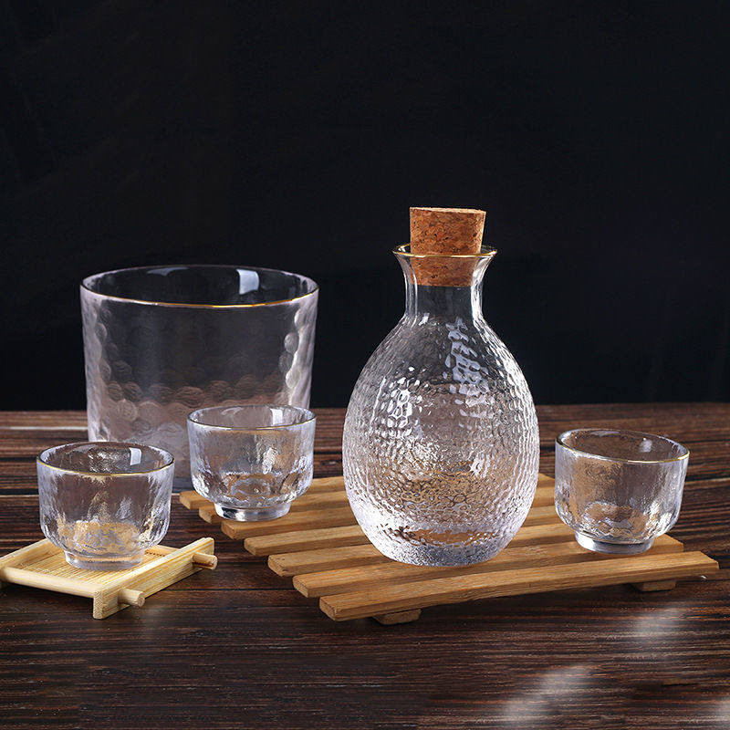 日式清酒壶套装玻璃黄酒温酒器烫酒壶家用锤纹清酒壶温酒器白酒杯