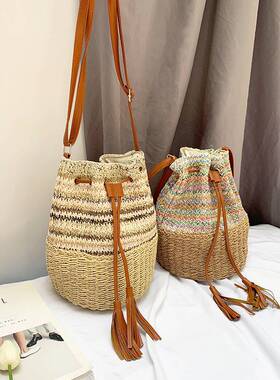 women bag leather summer hand drawstring one shoulder stripe