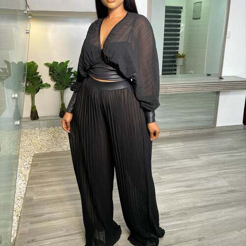 S-3xl Large bat sleeve top + wide leg trouser suit大码套装女