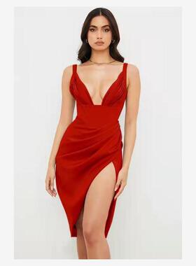 欧美风女装新款跨境eBay纯色吊带性感开衩连衣裙女装礼服裙红色潮