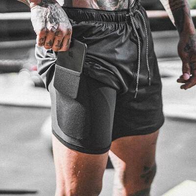 Men's Running Shorts Sports Jogging Gym pants 黑色双层短