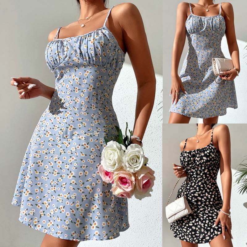 性感印花弹力邹吊带连衣裙 Sexy stretch zou condole belt dress