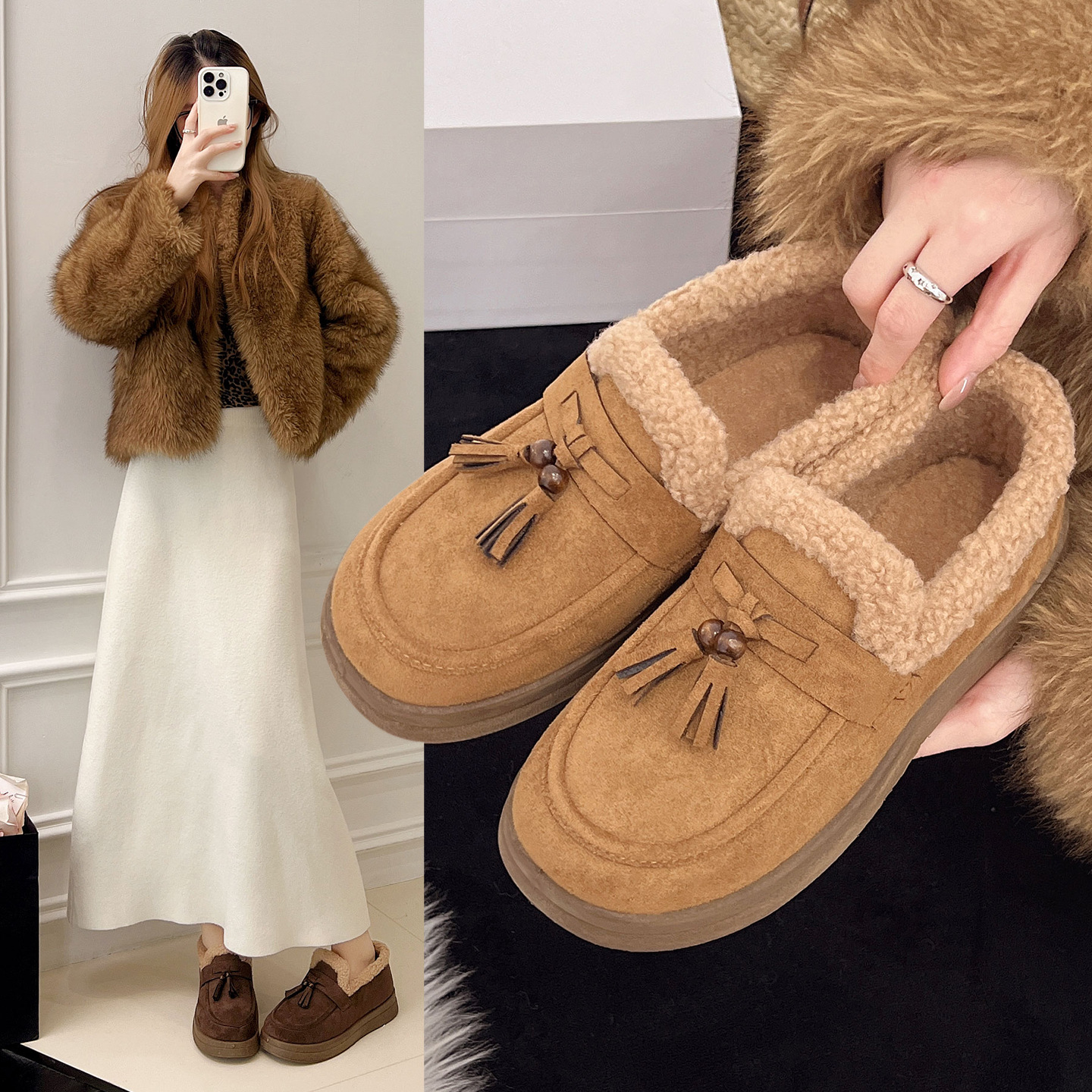 冬季新款加绒加厚保暖舒适豆豆鞋时尚百搭乐福鞋防滑软底棉鞋女鞋