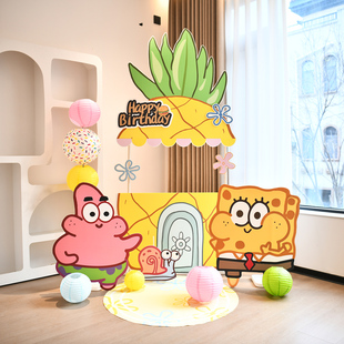 海绵宝宝主题生日派对男孩女宝宝周岁宴气球布置KT板装饰场景墙