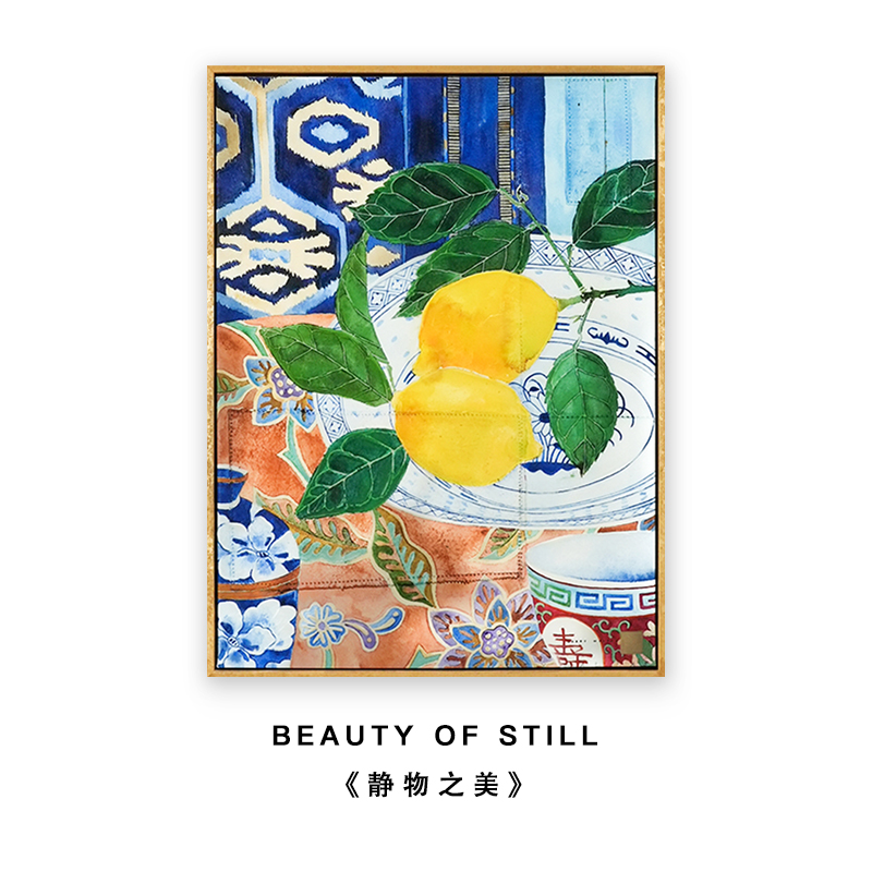 Ru禄秘手绘餐厅水果装饰画客厅背景墙挂画新中式青花瓷静物墙画图片