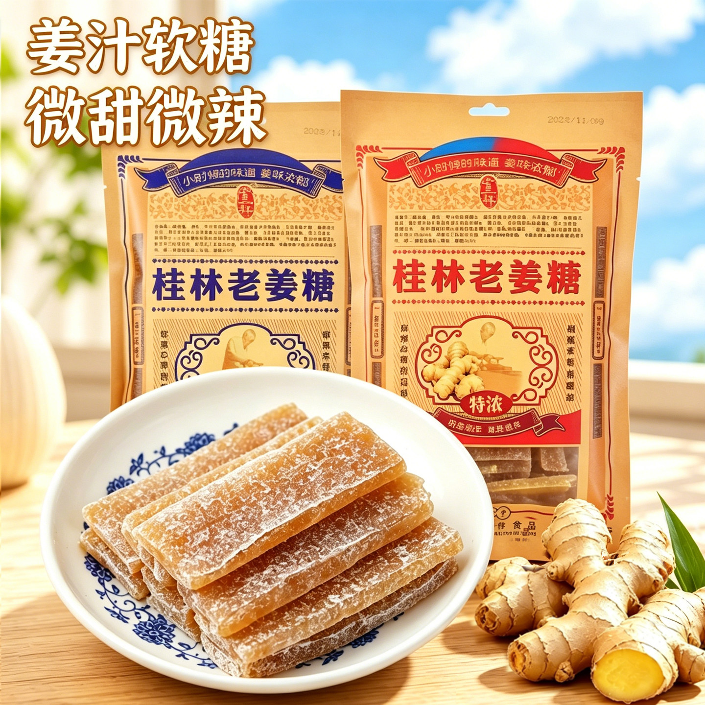 老三样姜汁软糖手工姜糖片200g*2袋芝麻姜糖果正宗桂林特产小吃